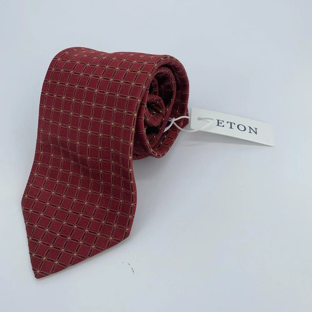 Eton Tie Mens One Size Red Maroon Patterned Silk Classic Necktie Italy Made‎ NWT